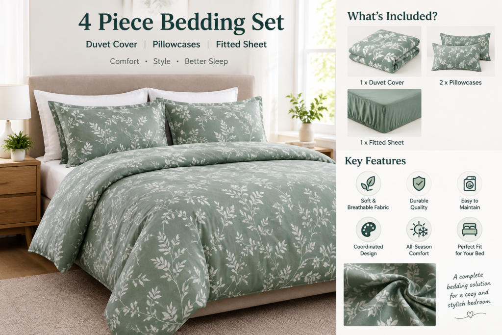 4 Piece Bedding Set Duvet Cover Pillowcases and Fitted Sheet for a Stylish Bedroom